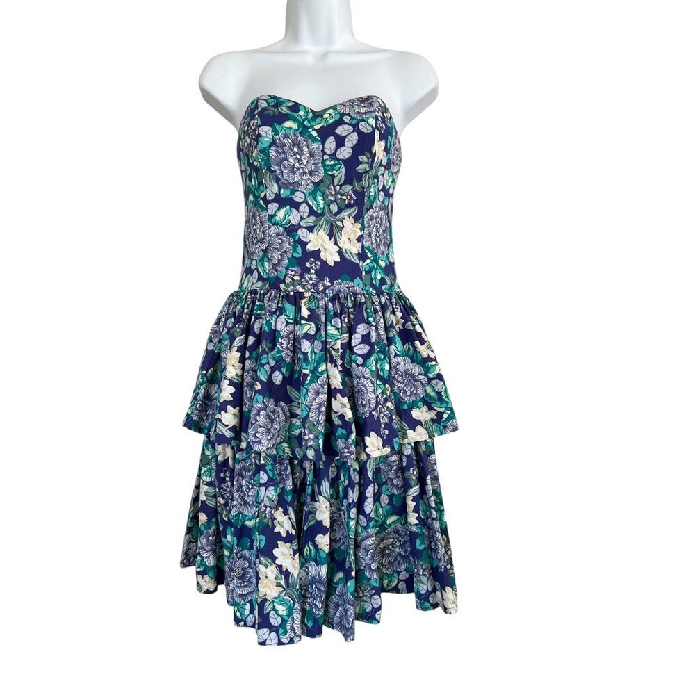 Vintage Laura Ashley strapless cotton tiered dress floral 80s blue teal S small